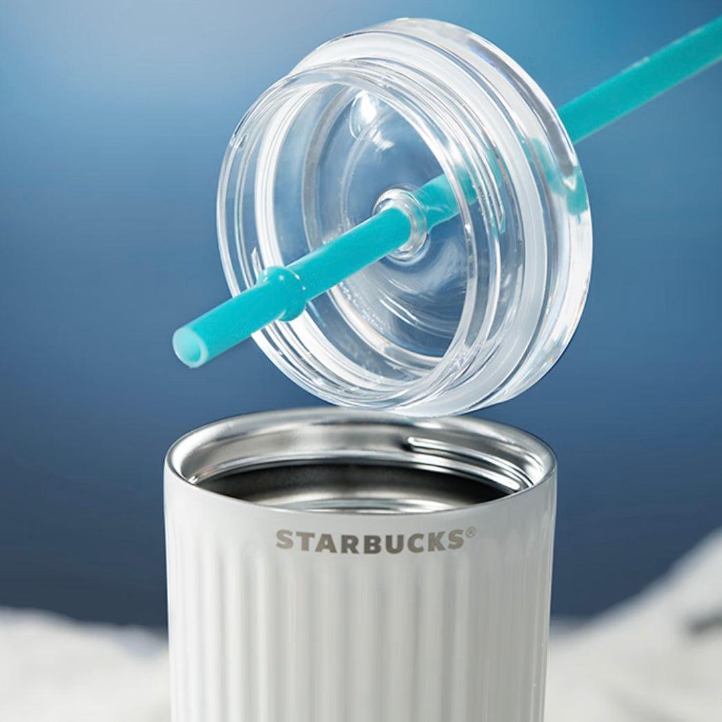 Starbucks 473ml/16oz White Blue Double-Lid Stainless Steel Straw Cup with Sleeve