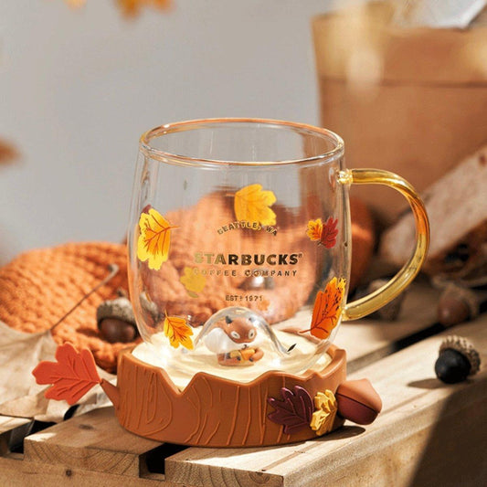 480ml/16oz Fallen Leaves Glass Cup with Squirrel Coaster - Ann Ann Starbucks