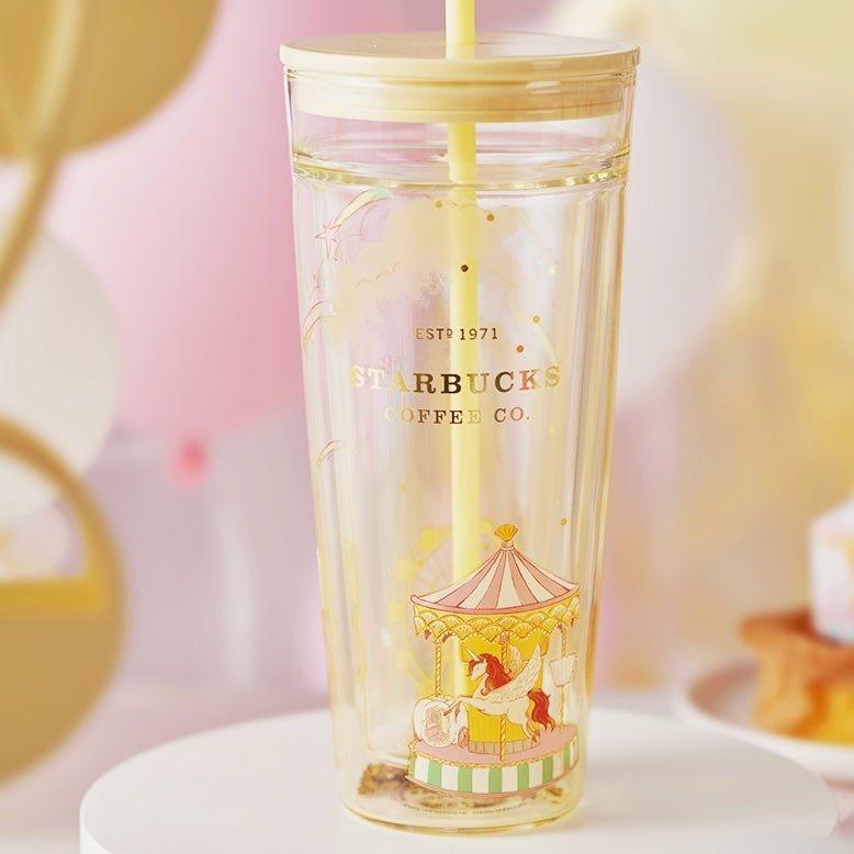 591ml/20oz Yellow Fantasy Carousel Glass Cup with Straw - Ann Ann Starbucks