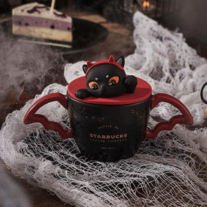 Black Ceramic Mug with Bat Wings and Cat Lid (Starbucks China Halloween 2021 Edition) - Ann Ann Starbucks