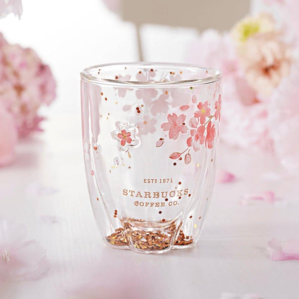 Cherry Blossom Sakura Double Walled Glitter Glass Mug 355ml/12oz - Ann Ann Starbucks