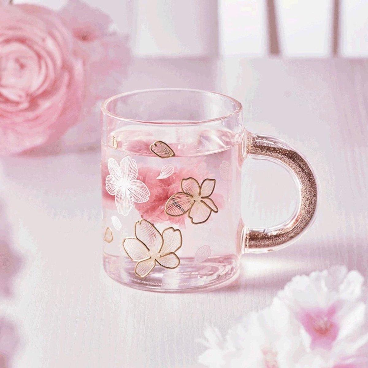 Cherry Blossom Sakura Glass Mug with Glitter Handle 355ml/12oz - Ann Ann Starbucks