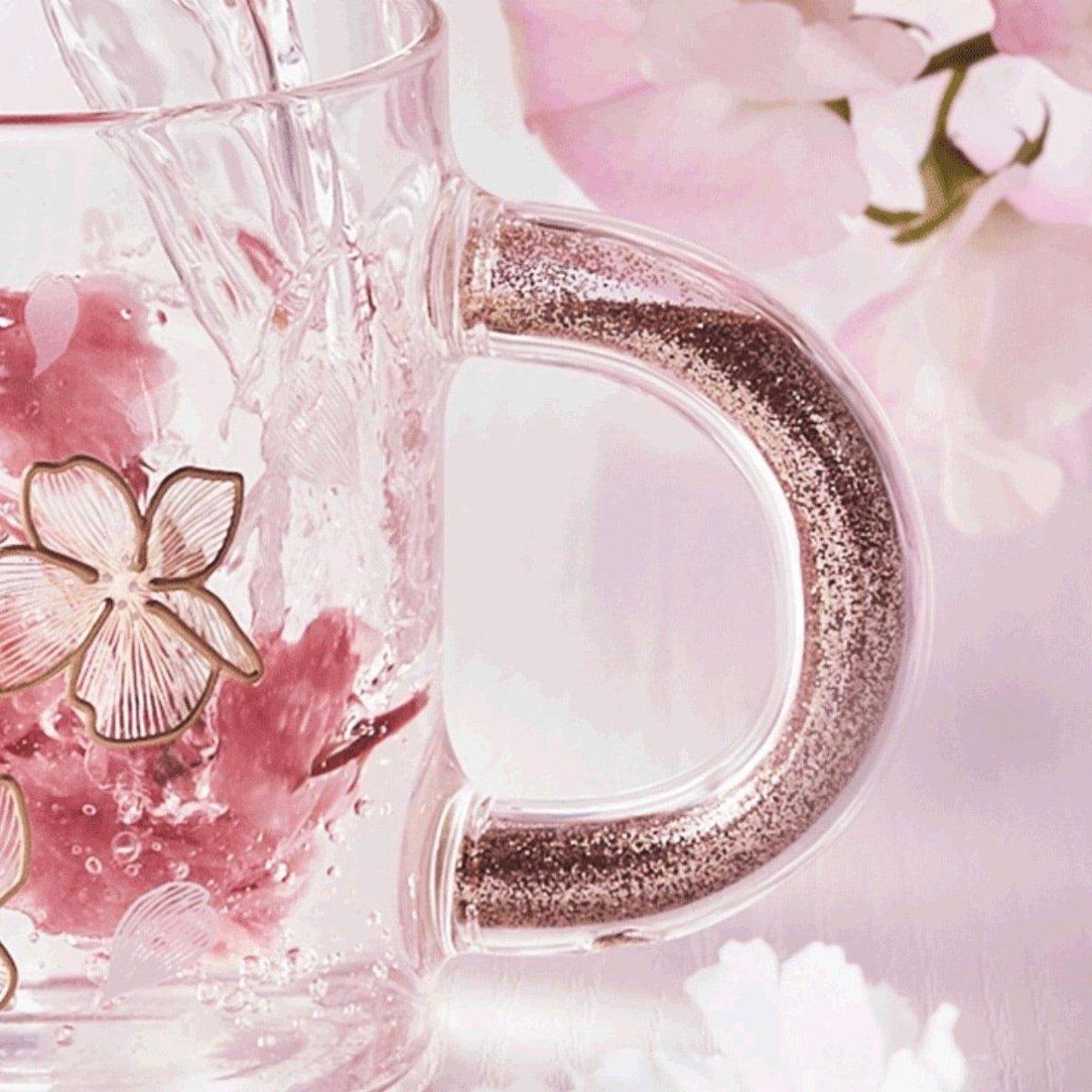 Cherry Blossom Sakura Glass Mug with Glitter Handle 355ml/12oz - Ann Ann Starbucks