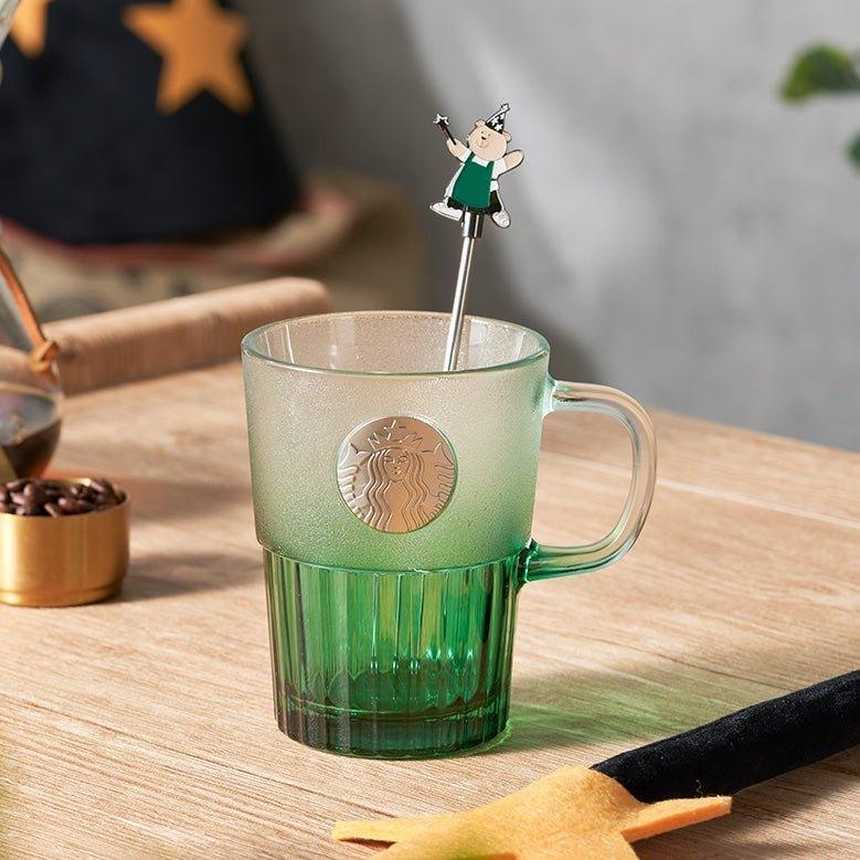 Green Ombre Glass Cup with Wizard Bear Stirrer - Ann Ann Starbucks