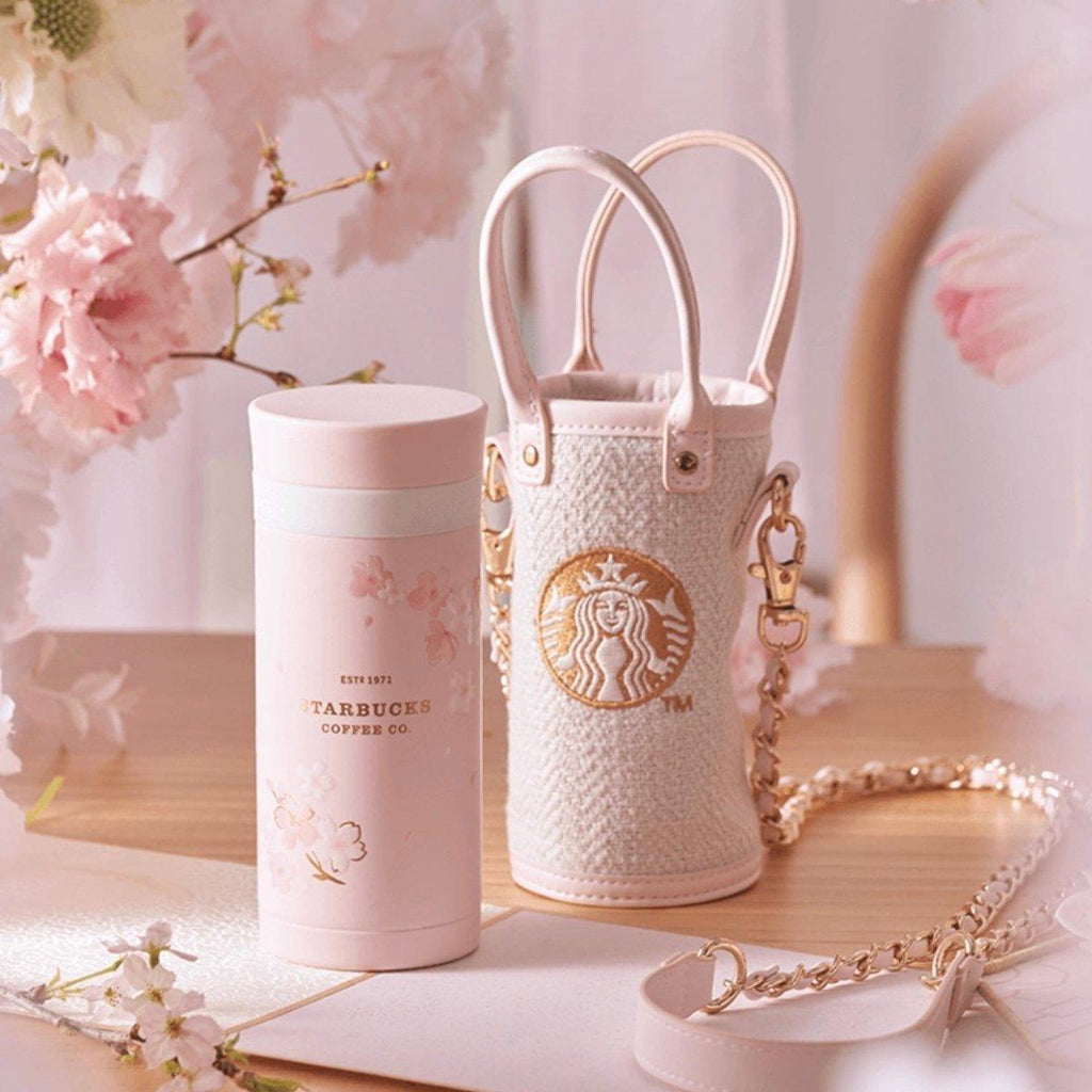 Pink Cherry Blossom Stainless Steel Tumbler with Woven Style Pouch 200ml/6,76oz - Ann Ann Starbucks
