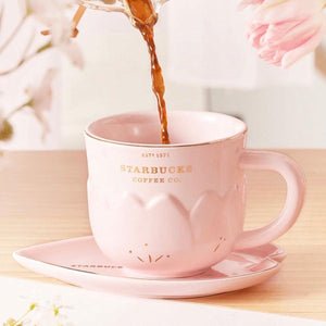 Pink Sakura Petal Ceramic Cup with Bird Petal Shaped Plate 280ml/9,47oz - Ann Ann Starbucks