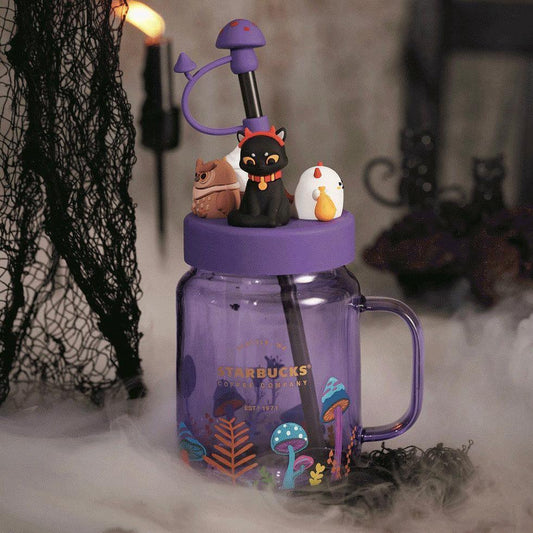 Purple Halloween Mason Glass Cup with Cat and Ghost Lid and Mushroom Topper (Starbucks China Halloween 2021 Edition) - Ann Ann Starbucks