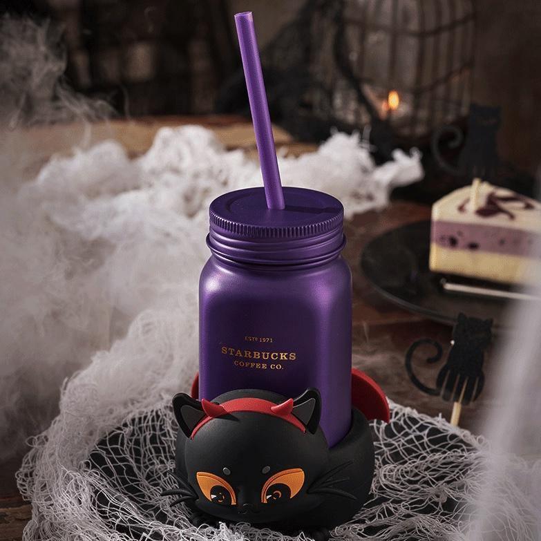 Purple Stainless steel Mason Cup with Black Cat Coaster (Starbucks China Halloween 2021 Edition) - Ann Ann Starbucks