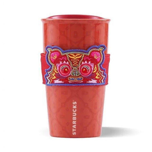 Red Double Walled Ceramic Mug with Tiger Head Sleeve 355ml / 12oz - Ann Ann Starbucks