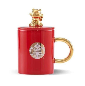 Red Gold Ceramic Mug with Golden Tiger on Lid 400ml/13,53oz - Ann Ann Starbucks