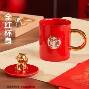 Red Gold Ceramic Mug with Golden Tiger on Lid 400ml/13,53oz - Ann Ann Starbucks