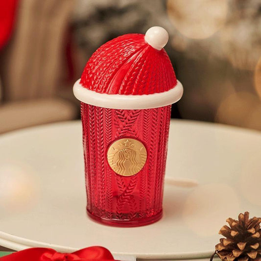 Starbucks 14.2oz Red Christmas Sweater Glass Mug with Santa Hat Lid (Starbucks China Christmas 2021) - Ann Ann Starbucks