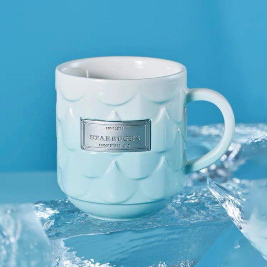 Starbucks 385ml/13oz Anniversary Ocean Wind-Wave Embossed Ceramic Cup with Logo - Ann Ann Starbucks