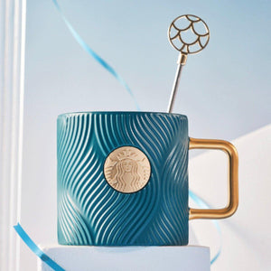 Starbucks 400ml/14oz Blueish Green Stripped Ceramic Mug with Stirrer - Ann Ann Starbucks