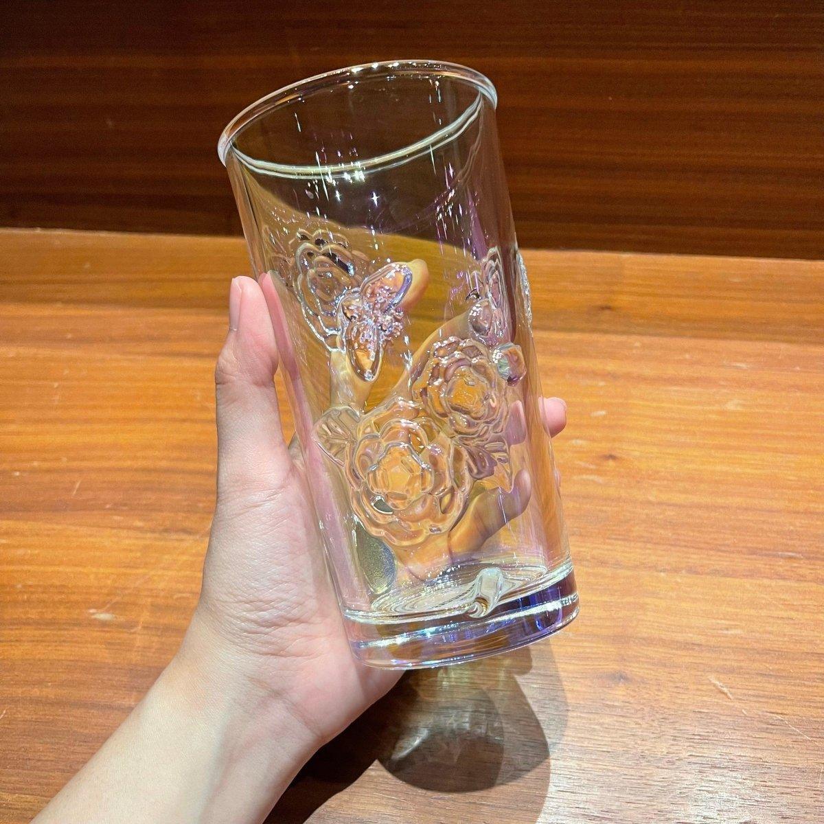 Starbucks 430ml /15oz Embossed Camellia Glass cup - Ann Ann Starbucks