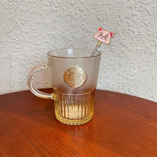 Starbucks 440ml Yellow Glass Cup with Pink Tiger Head Stirrer - Ann Ann Starbucks