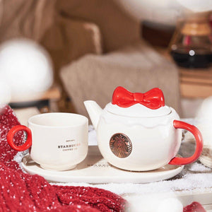 Starbucks 610ml/21oz Red Ribbon Ceramic Teapot and Cup with Saucer - Ann Ann Starbucks