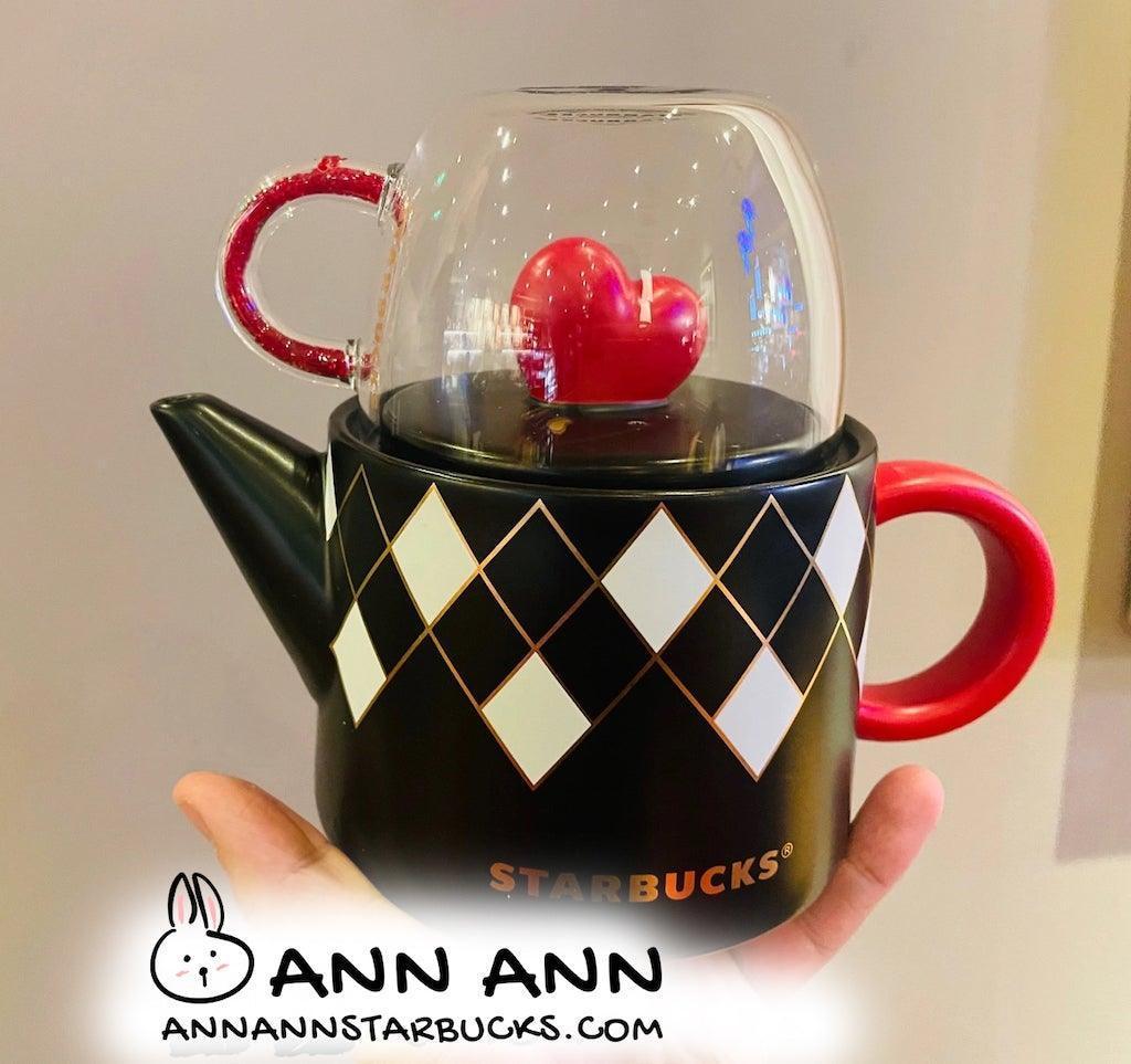 Starbucks Checkered Teapot with Heart Lid and Glass Cup Set - Ann Ann Starbucks