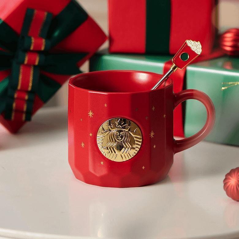 Starbucks China Red Christmas 12oz ceramic Mug with Cup Stirrer - 2021 Starbucks Christmas Collection - Ann Ann Starbucks