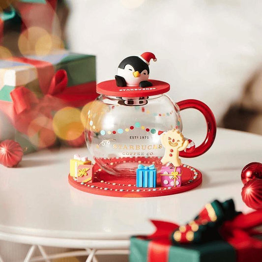 Starbucks China Red Christmas Penguin 13.5oz Glass Cup With Coaster - 2021 Starbucks Christmas Collection - Ann Ann Starbucks