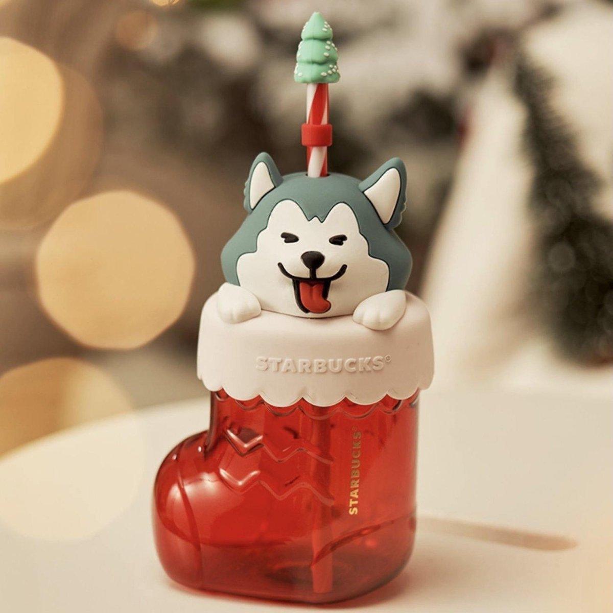 Starbucks China Red Christmas Stocking 20 oz Glass Straw Cup with Huslky Dog Lid (Starbucks China Christmas 2021) - Ann Ann Starbucks