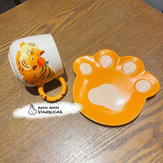 Starbucks Orange Tiger 370ml / 12,5oz Ceramic Mug with Paw Saucer - Ann Ann Starbucks