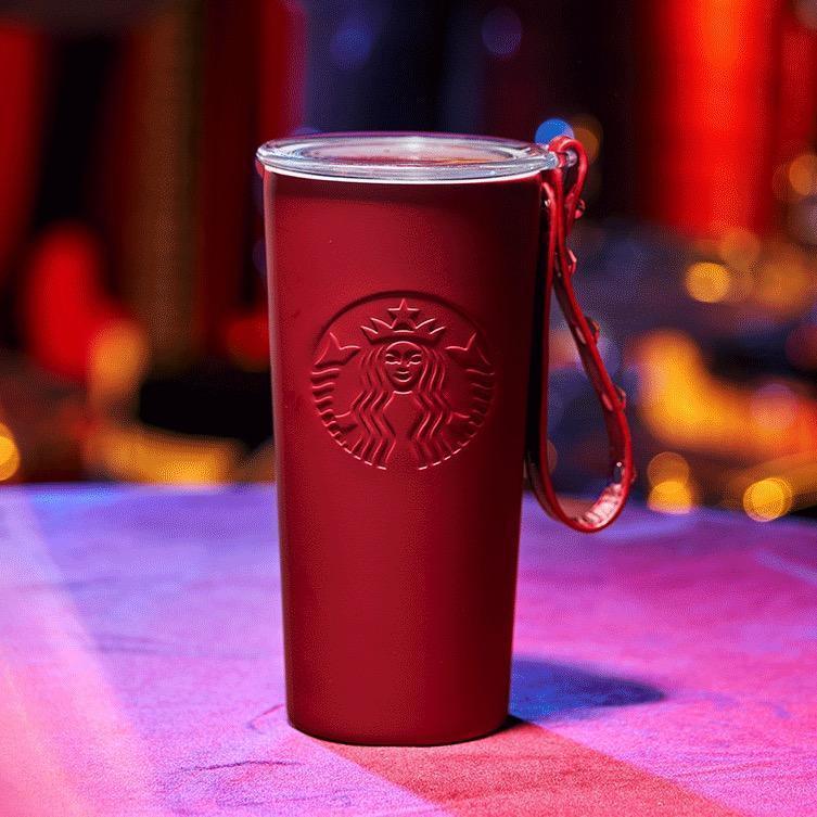 Starbucks Red Stainless Steel Cup with Glitter Lid and Studded Strap (Starbucks China 4th Release 2021) - Ann Ann Starbucks