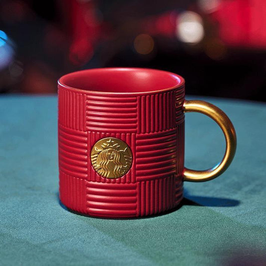 Starbucks Red Woven Style Ceramic Mug with Gold Handle and Logo (Starbucks China 4th Release 2021) - Ann Ann Starbucks