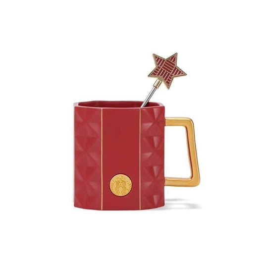 Starbucks Vintage Red Polygon Shape Ceramic Mug With Stirrer - Ann Ann Starbucks